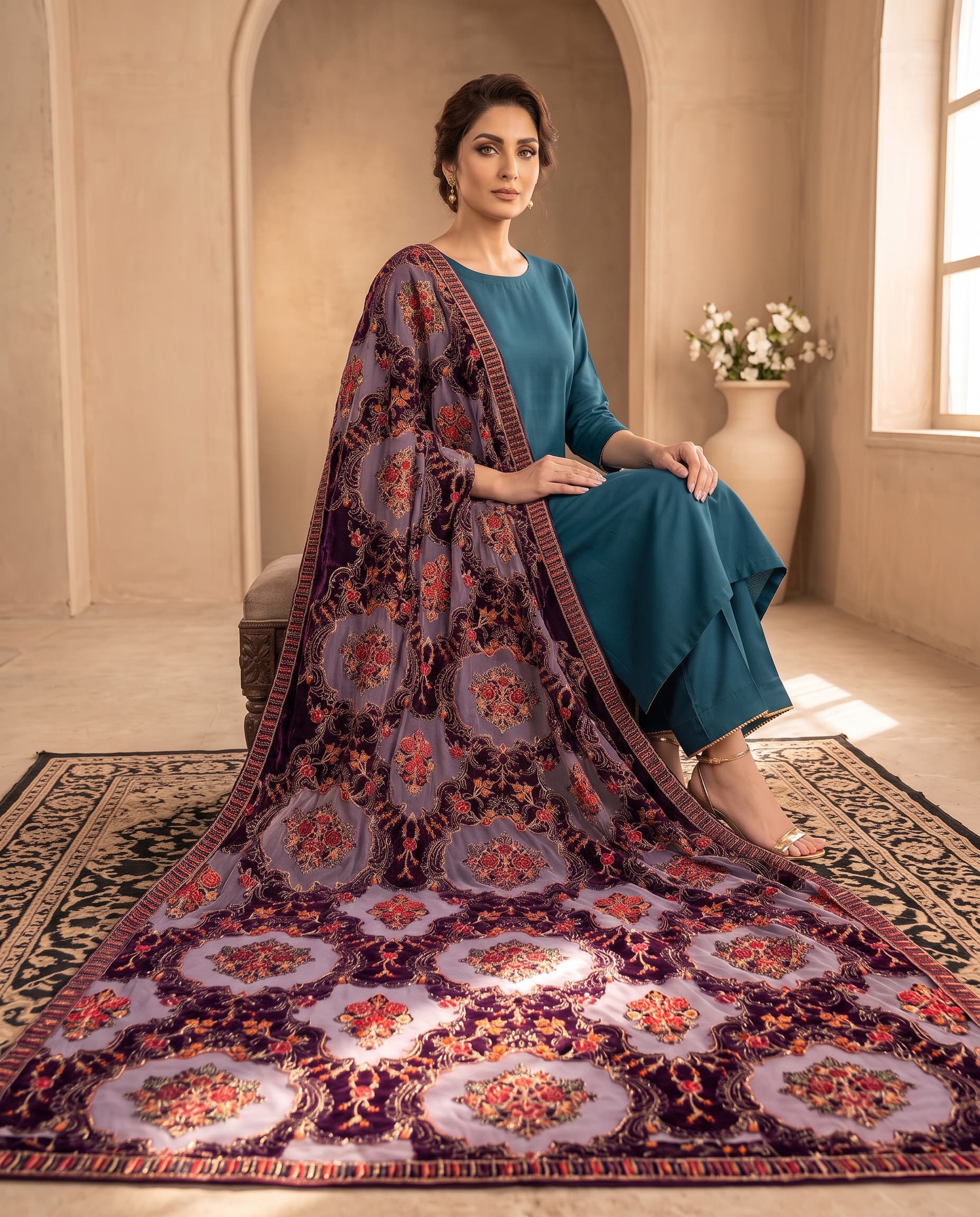 Plum Floral Medallion Phoenix Velvet Shawl - seated spread showing the laser-cut and floral details