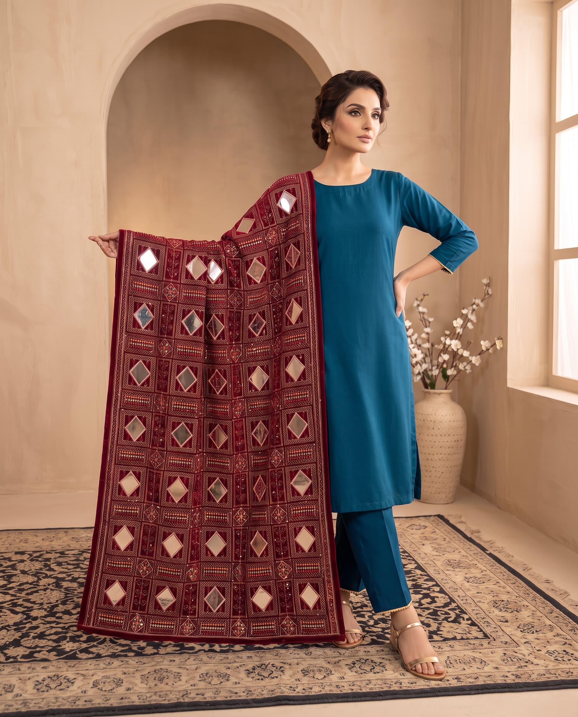 Maroon Diamond Phoenix Velvet Shawl - standing full-spread view showing the geometric diamond panels