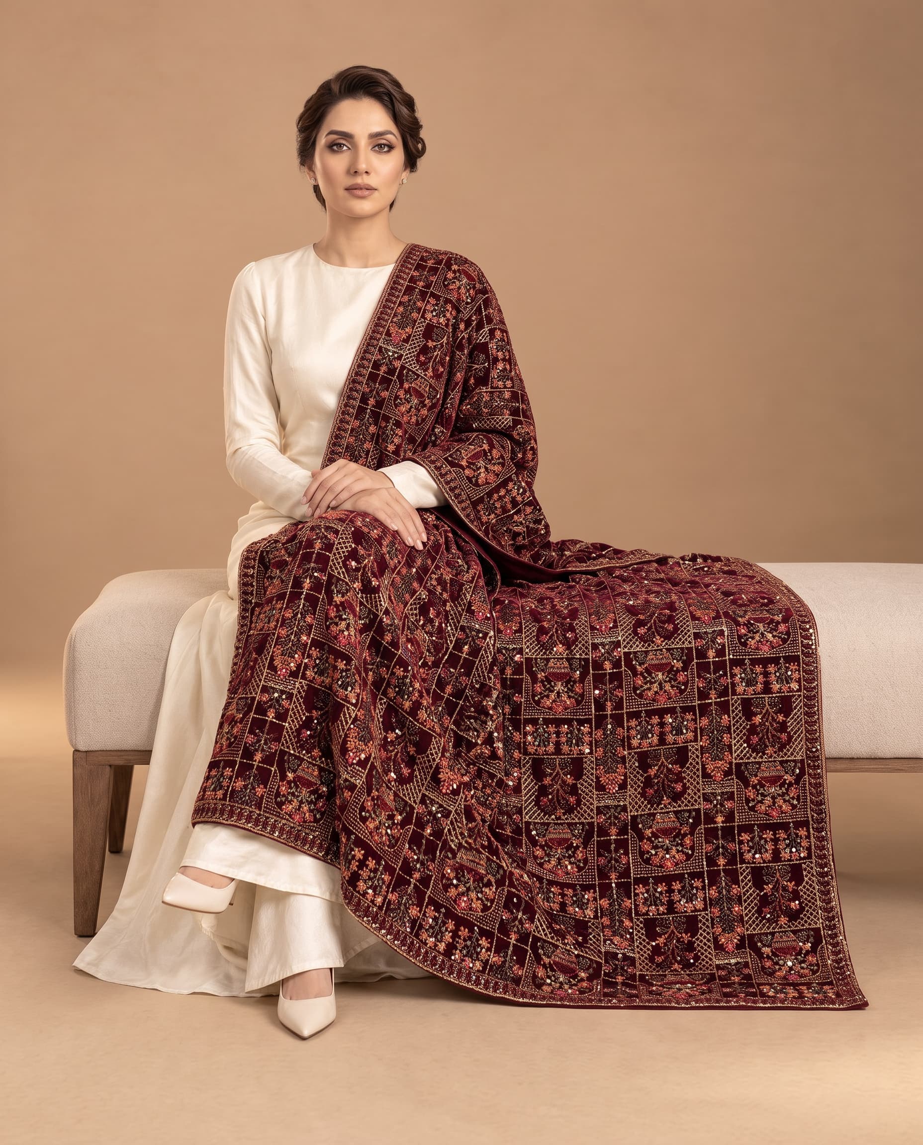 Burgundy Floral Panel Phoenix Velvet Shawl - seated front drape showing the floral panels and border
