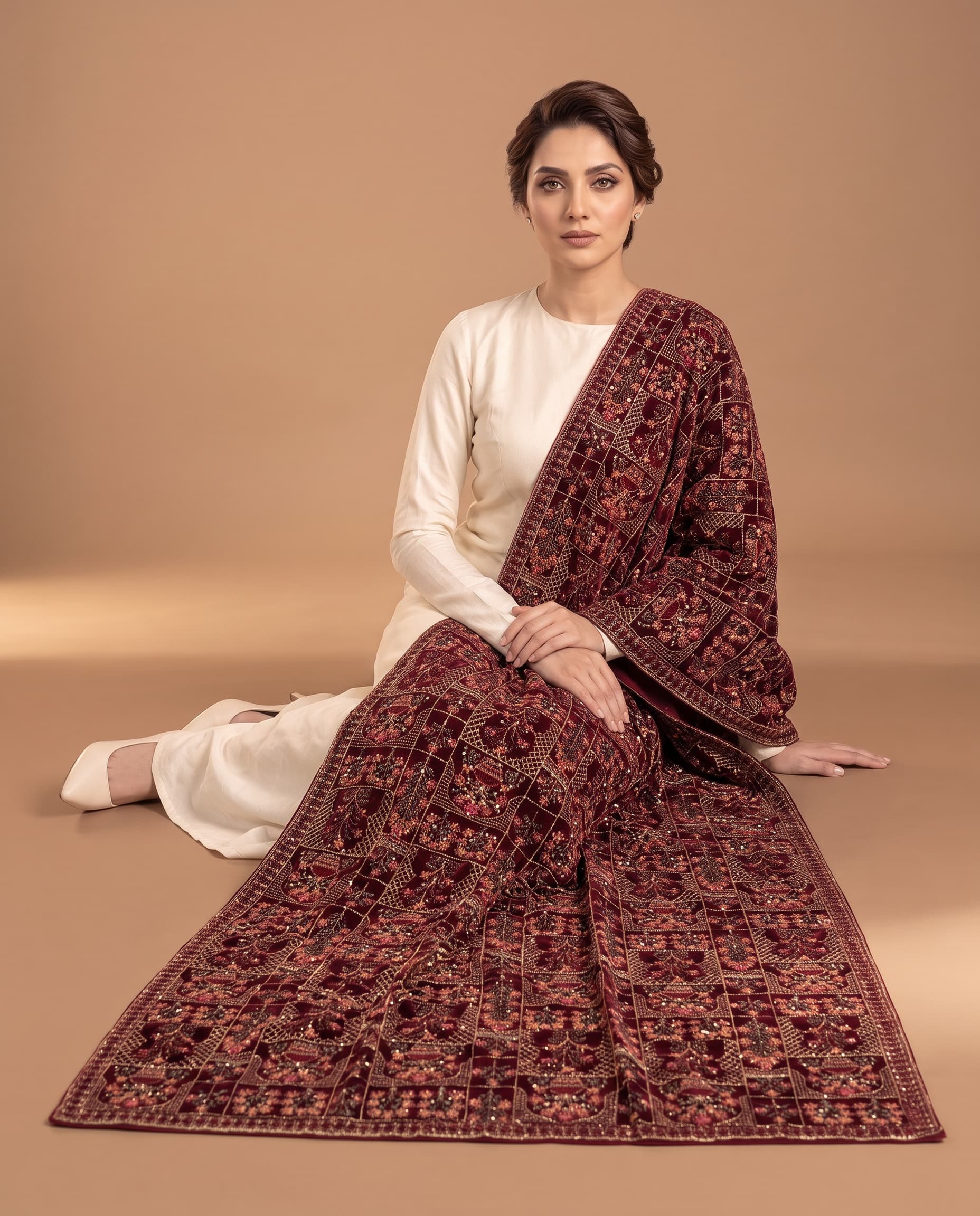 Burgundy Floral Panel Phoenix Velvet Shawl - floor-seated spread showing the multicolour embroidery and light sequin details