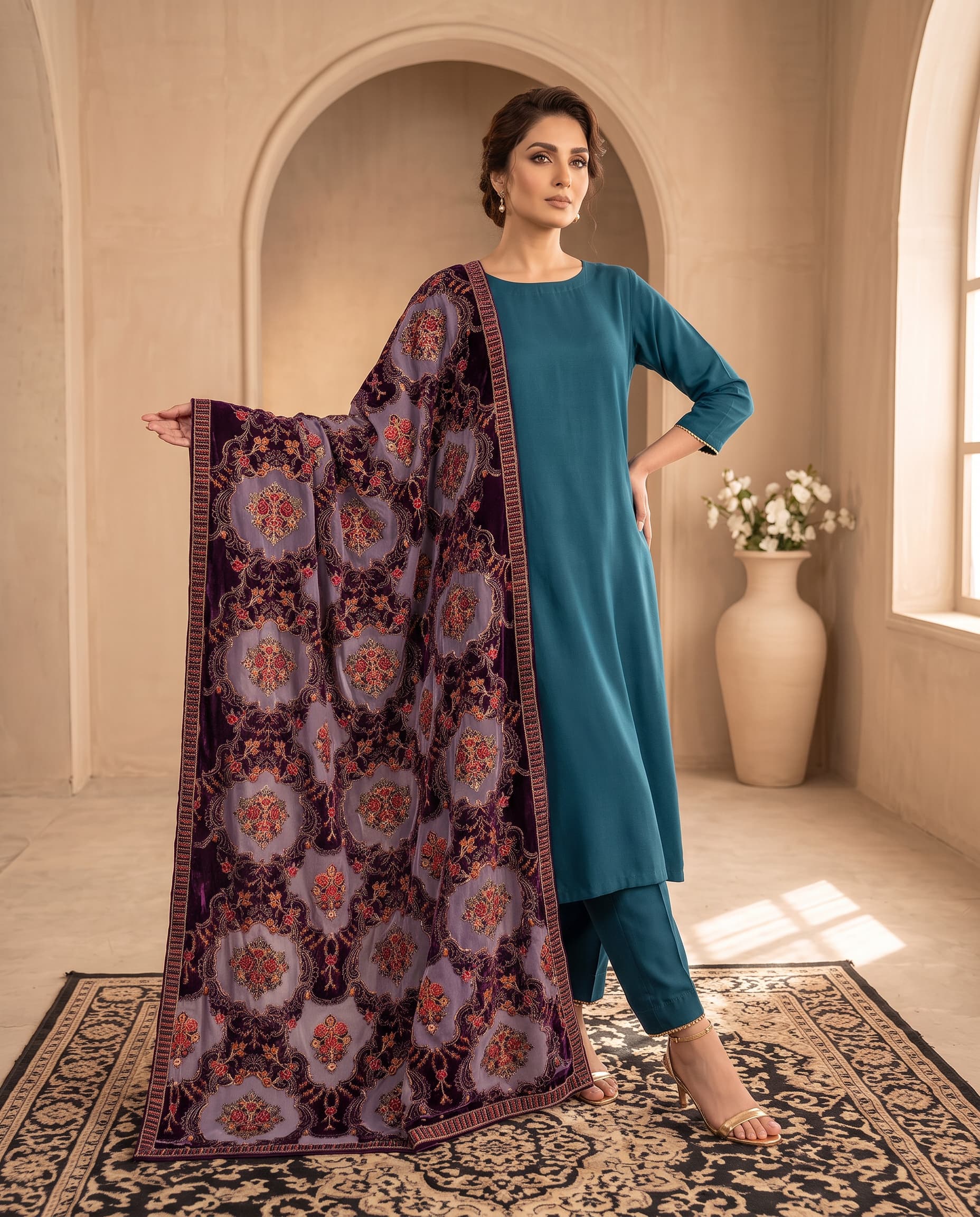 Plum Floral Medallion Phoenix Velvet Shawl - standing side-spread view showing the full floral medallion design