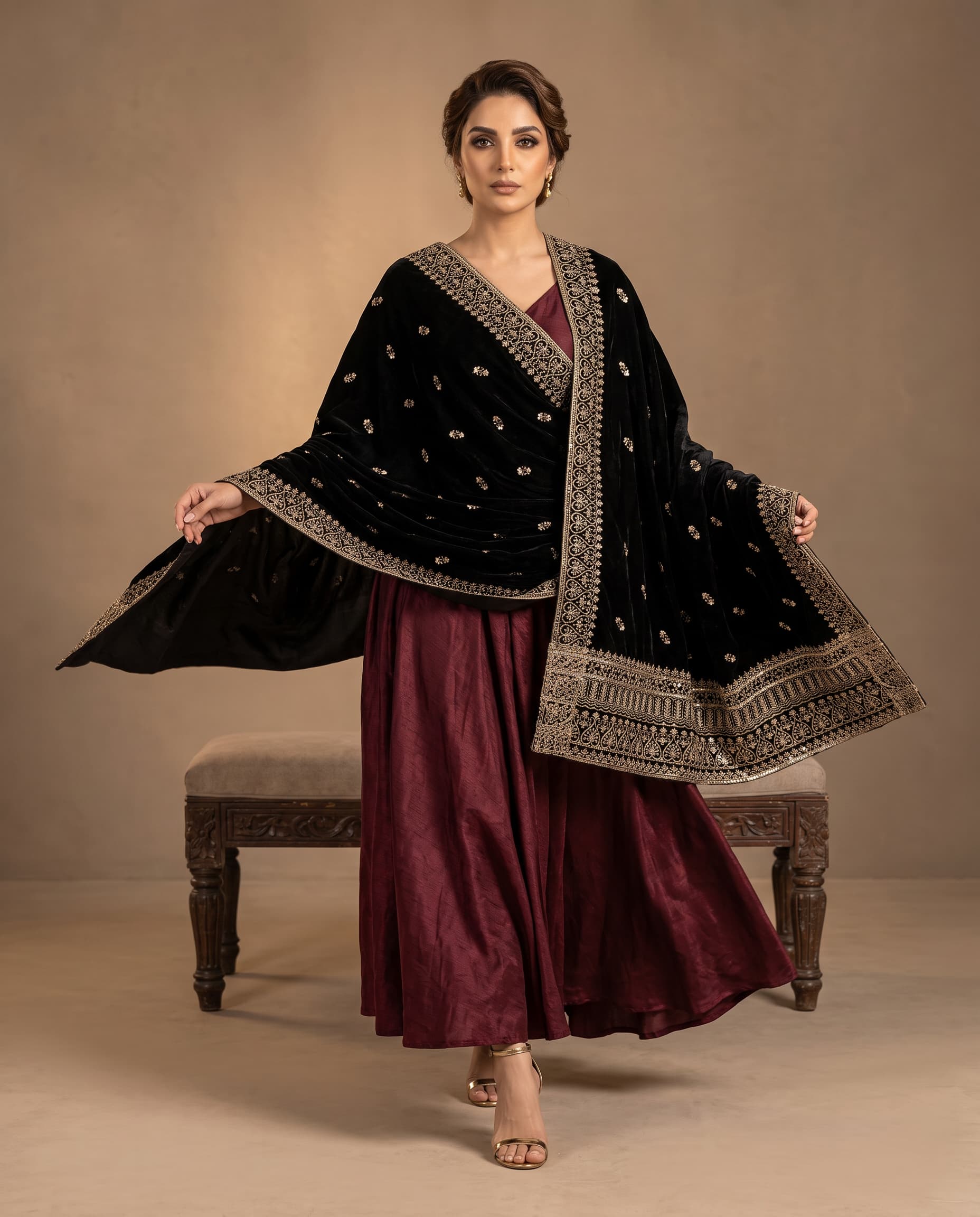 Black & Gold Floral Buti Phoenix Velvet Shawl - front drape showing scattered floral motifs