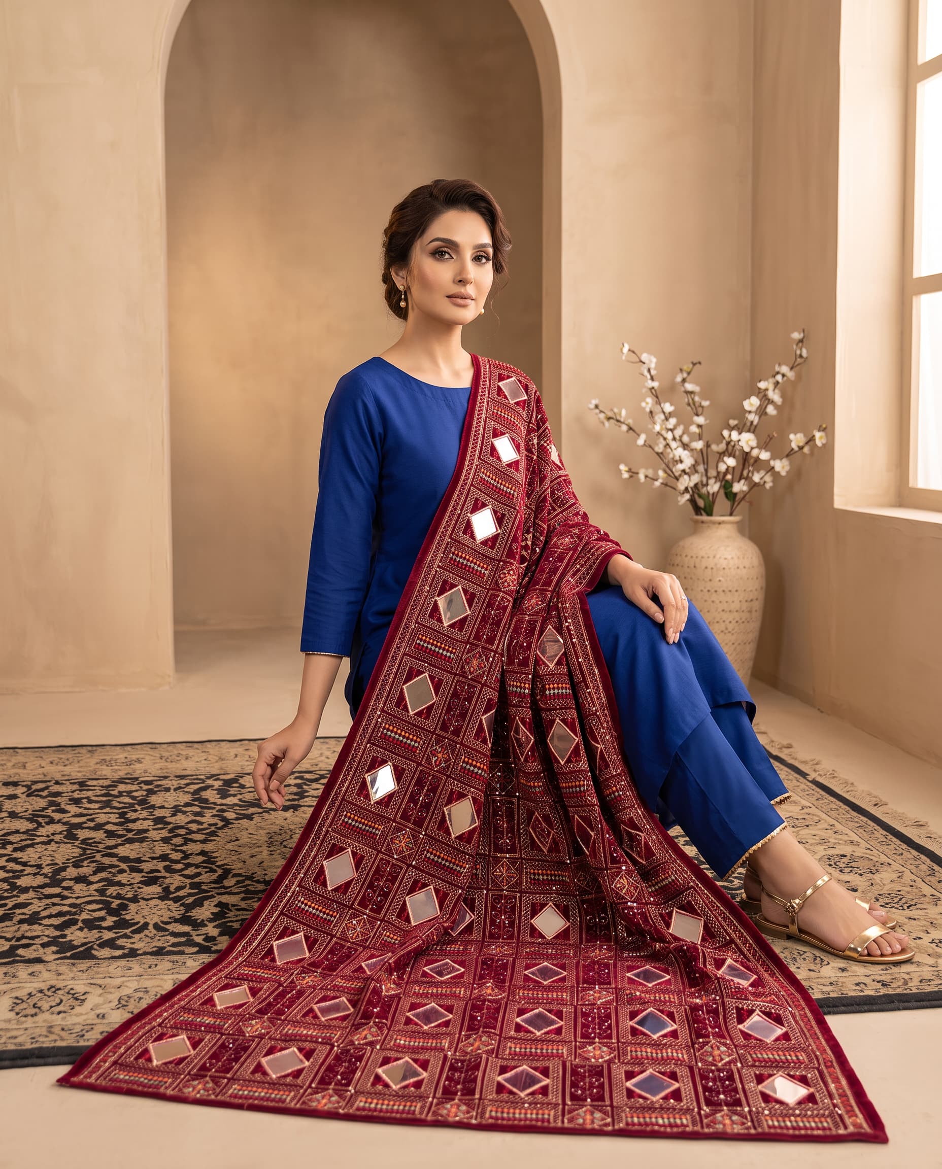 Maroon Diamond Phoenix Velvet Shawl - seated front view showing the repeating diamond pattern