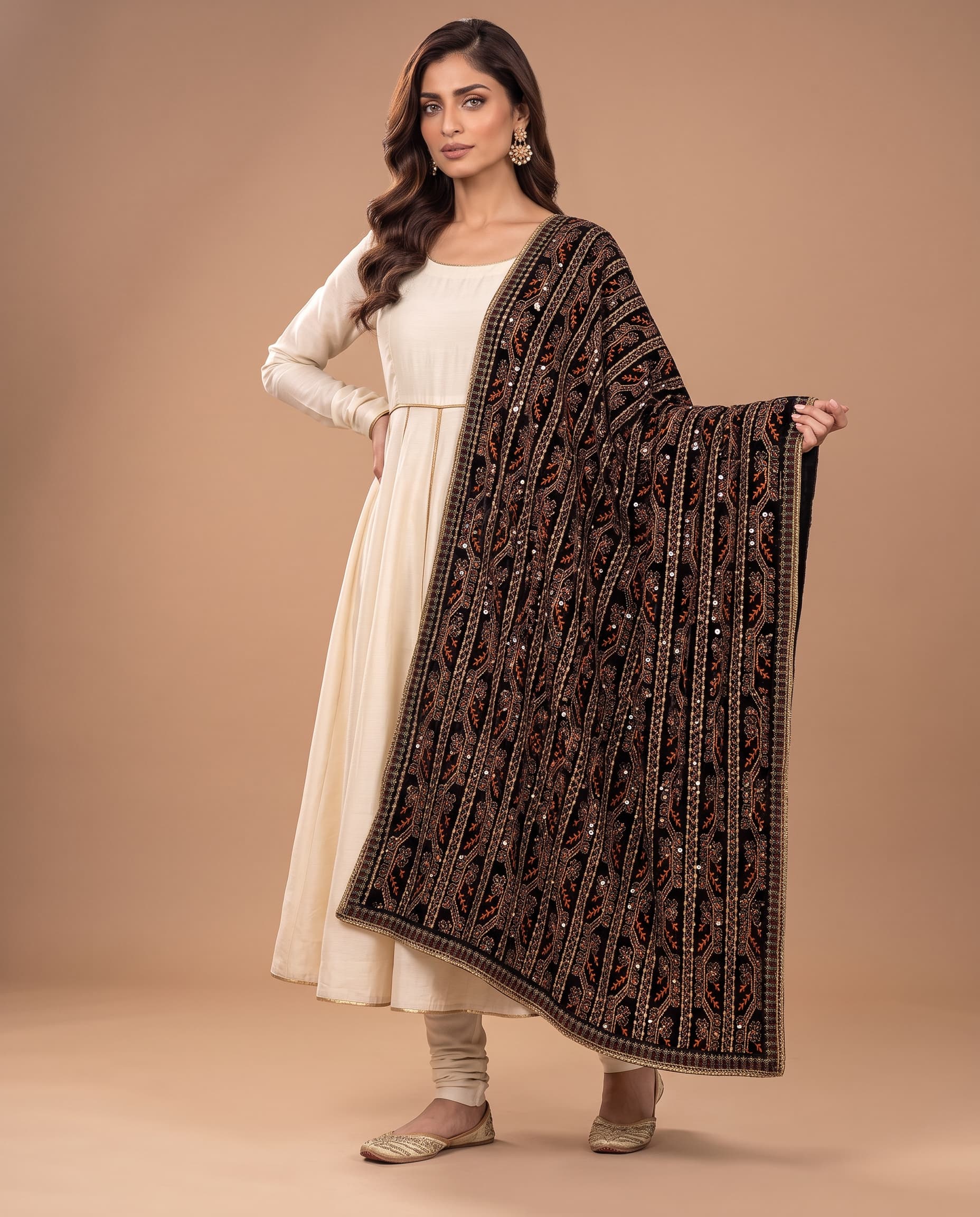 Black & Copper Floral Vine Phoenix Velvet Shawl