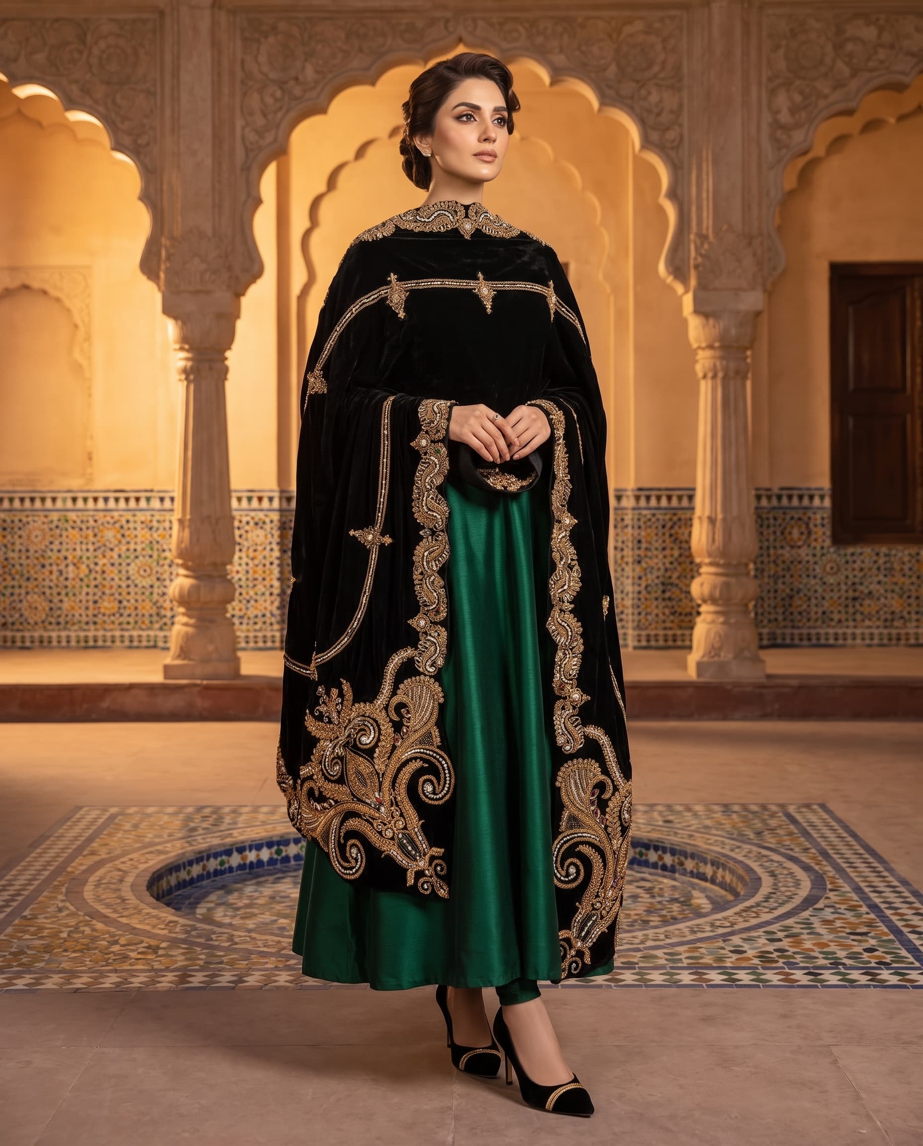 Black & Gold Paisley Embroidered Velvet Shawl - view 1