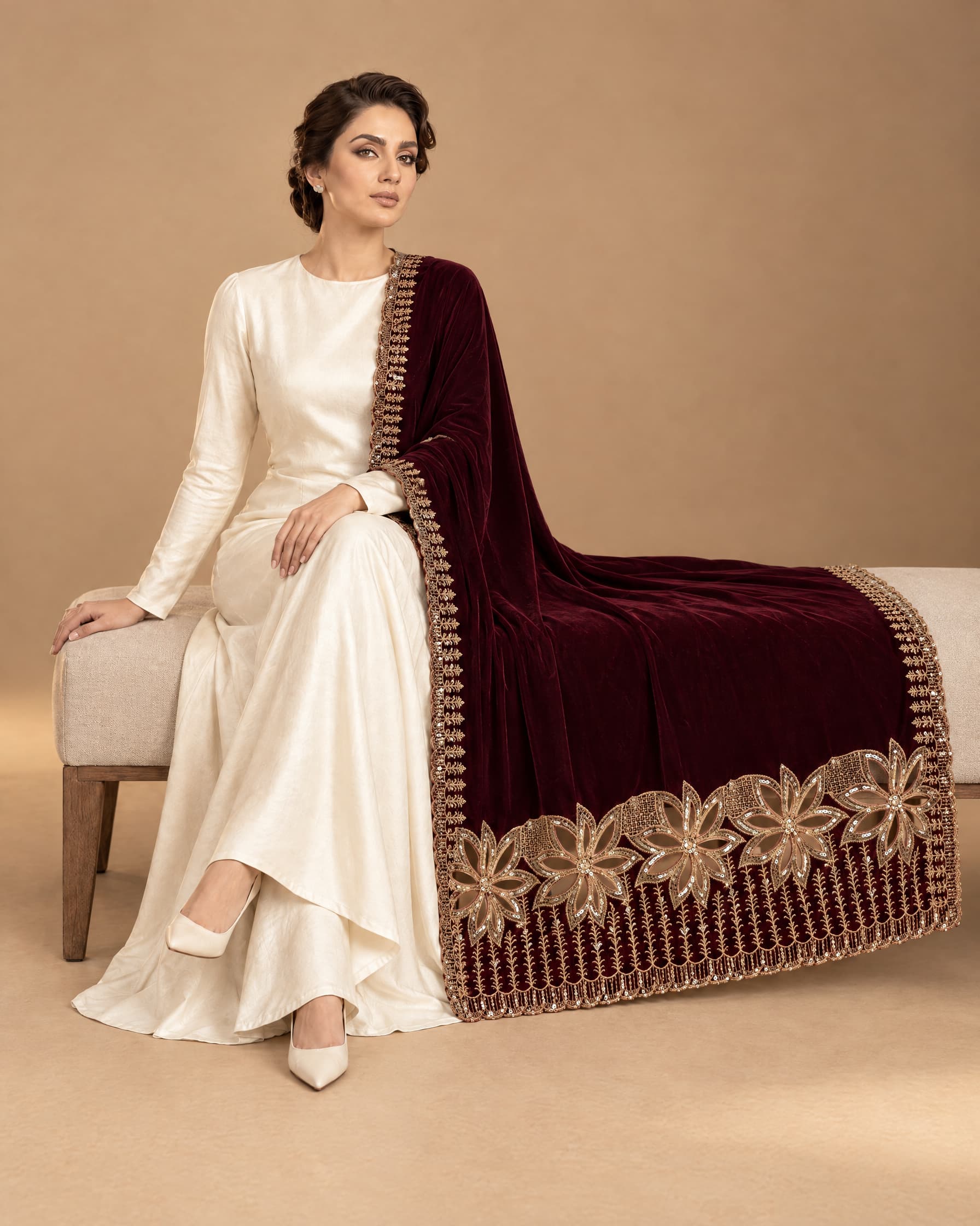 Burgundy Floral Border Velvet Shawl - view 1