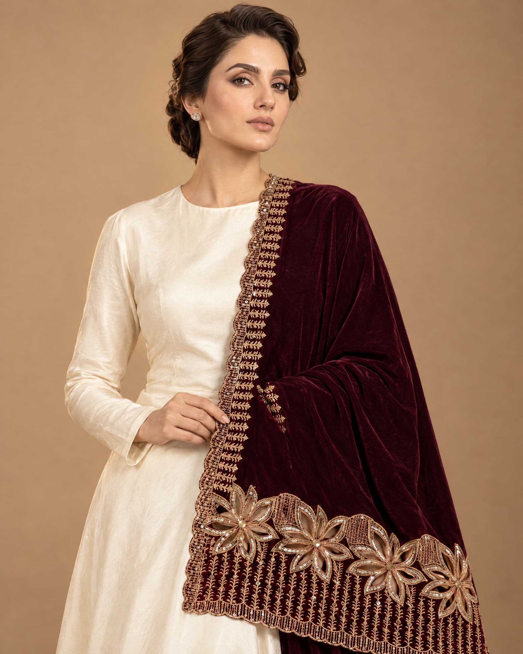 Burgundy Floral Border Velvet Shawl - view 3