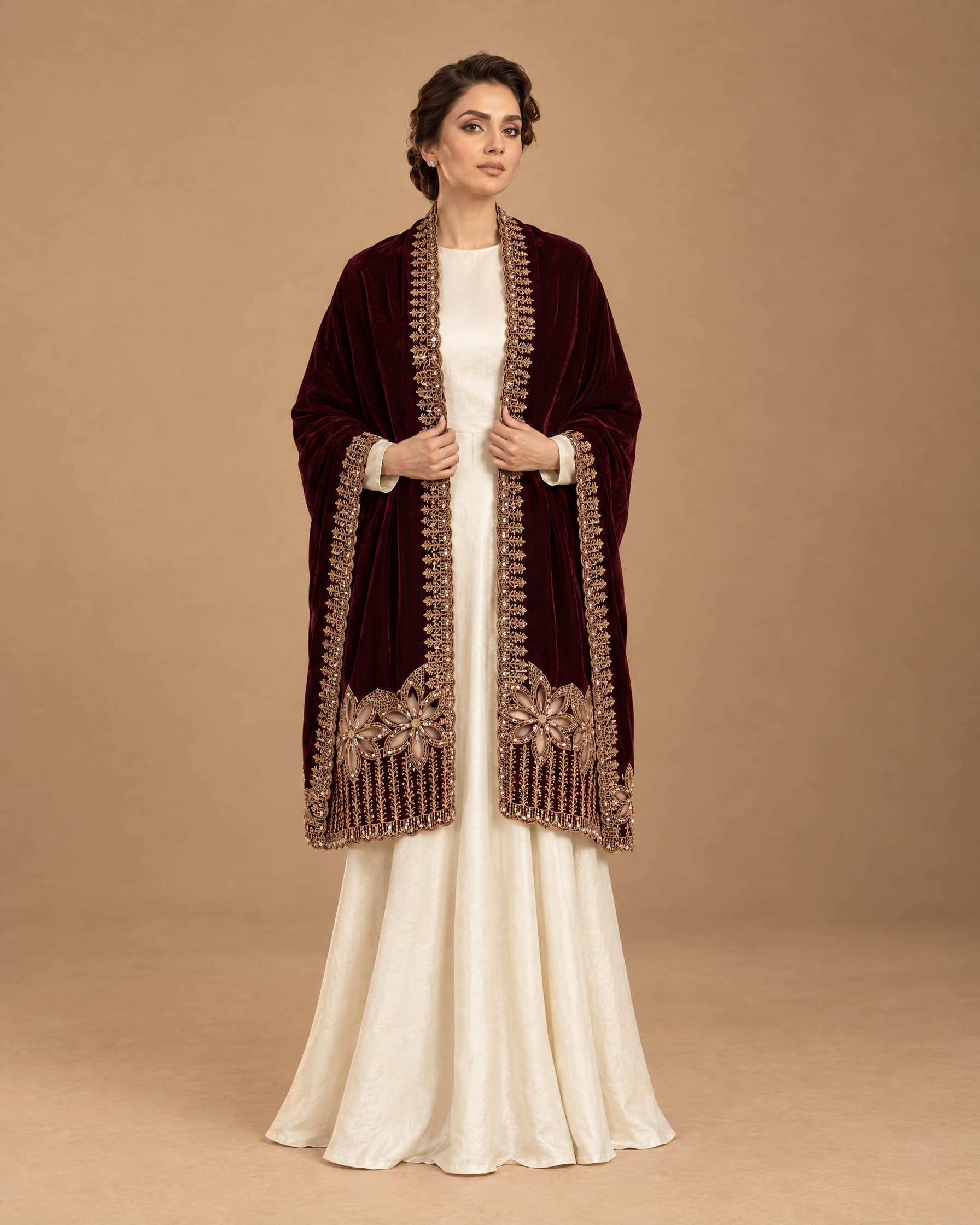 Burgundy Floral Border Velvet Shawl - view 4