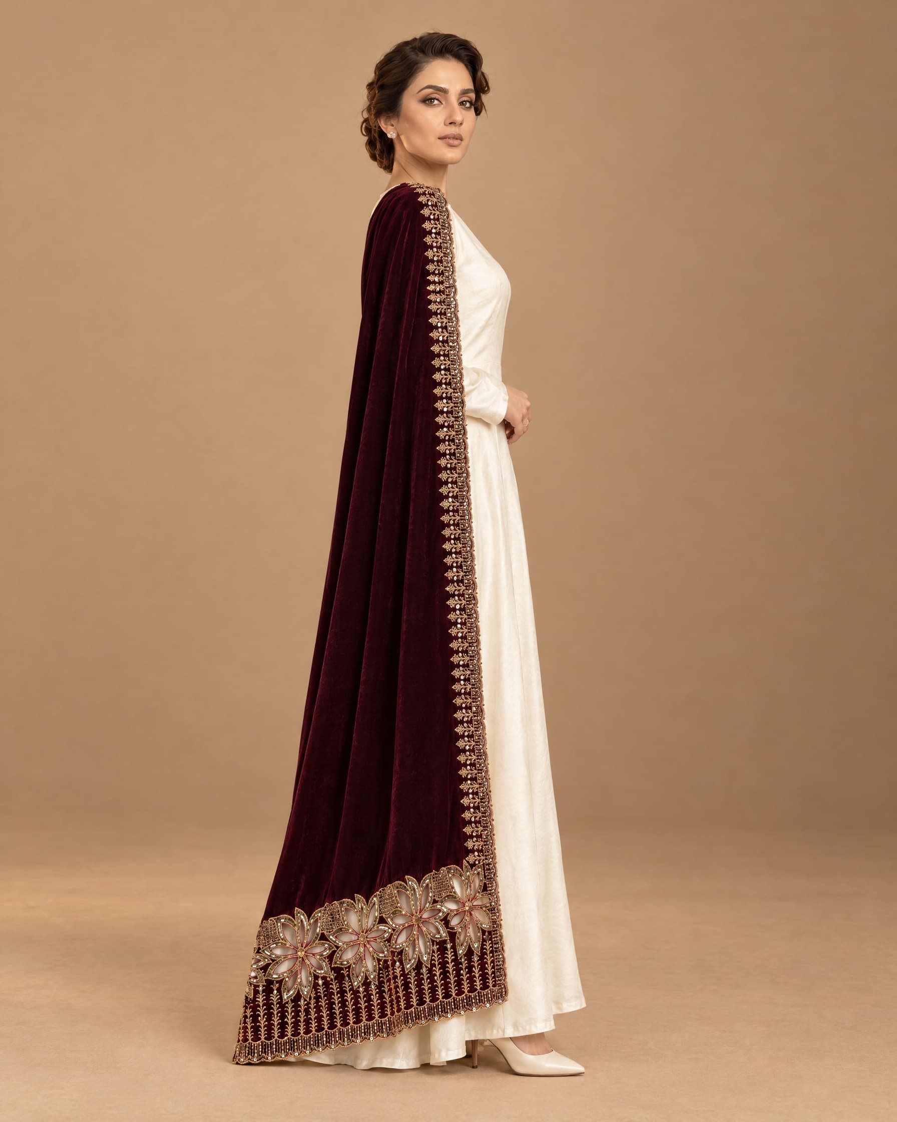 Burgundy Floral Border Velvet Shawl - view 5