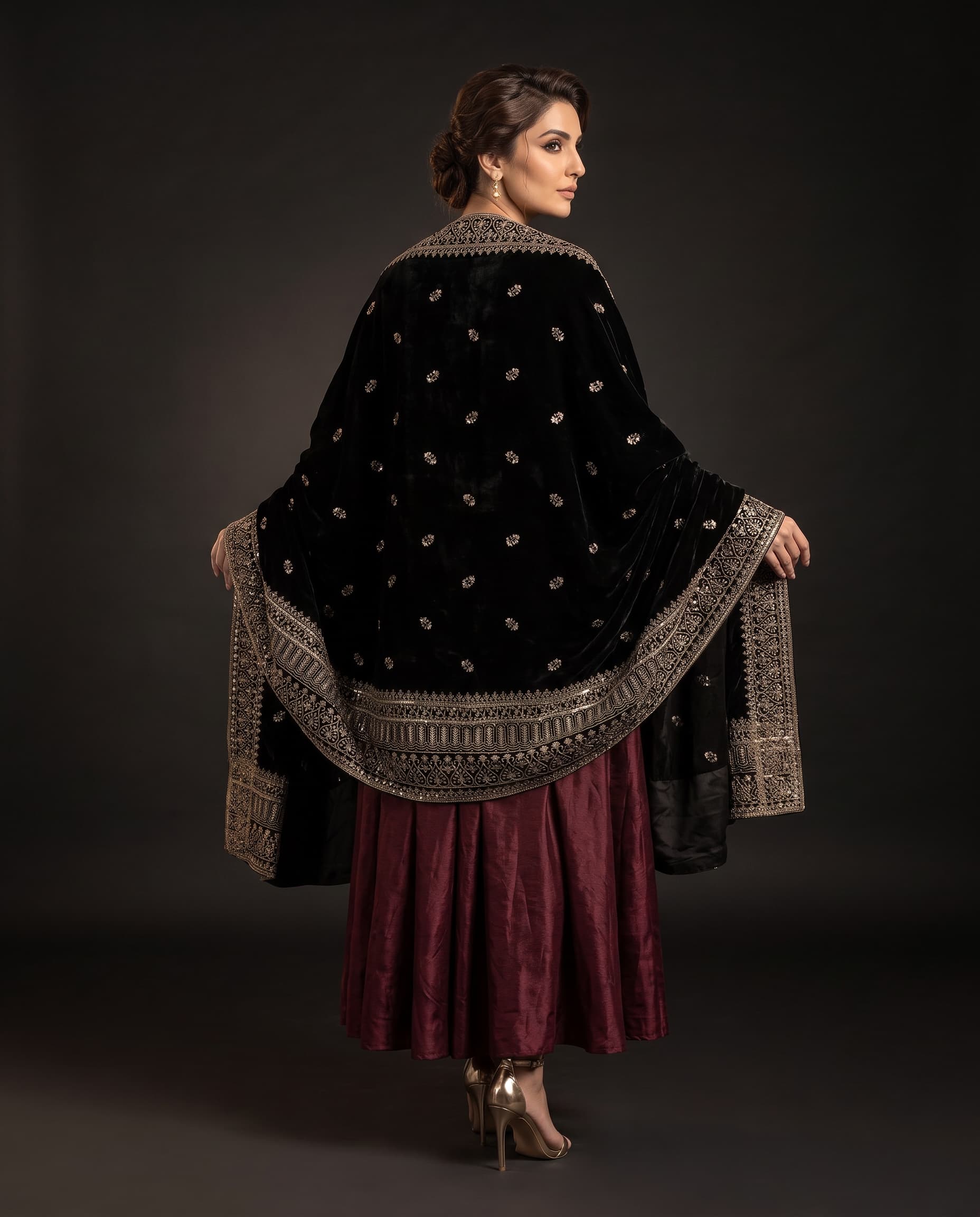Black & Gold Floral Buti Phoenix Velvet Shawl - back view showing the full body pattern
