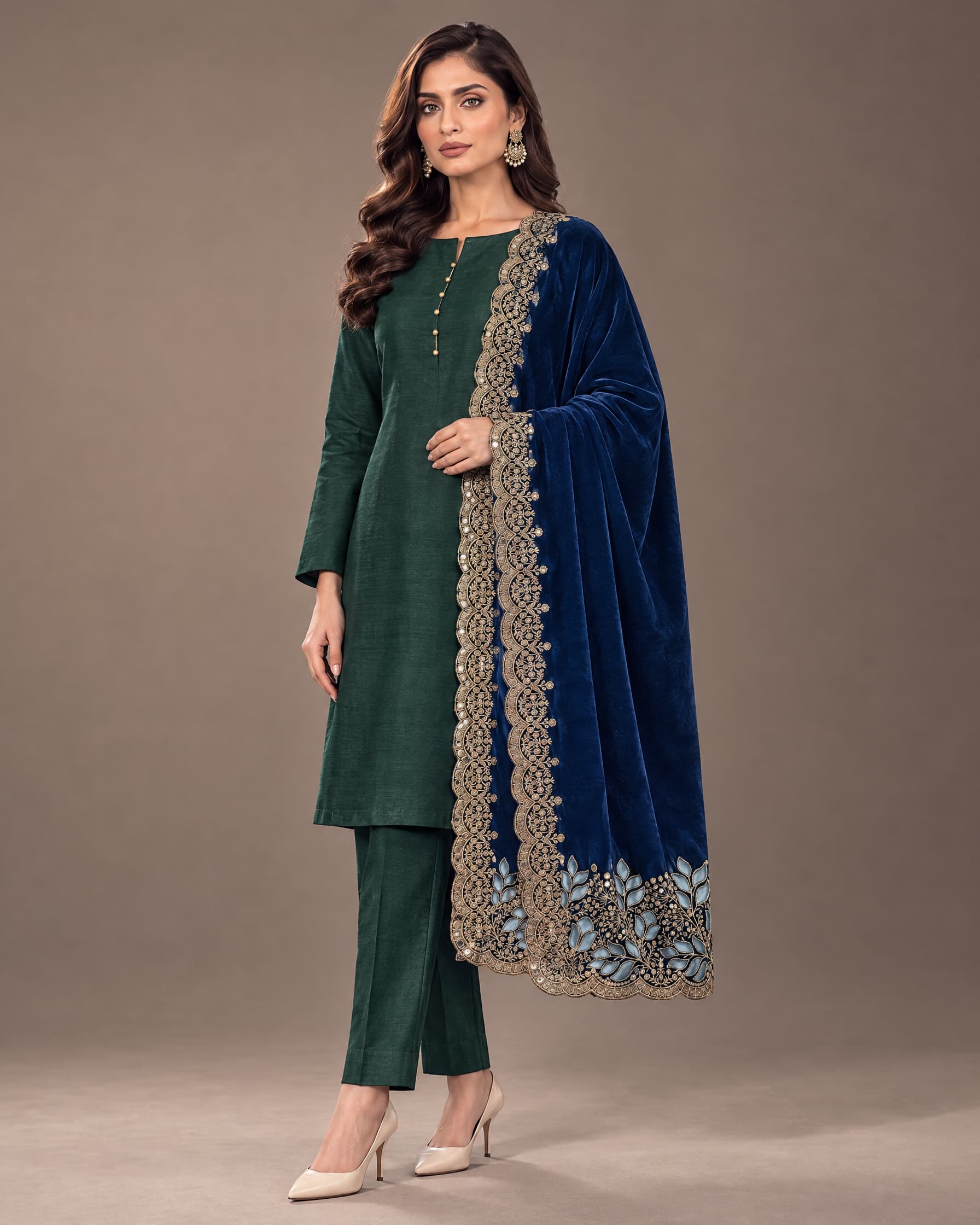 Deep Blue Floral Embroidered Velvet Shawl - view 1