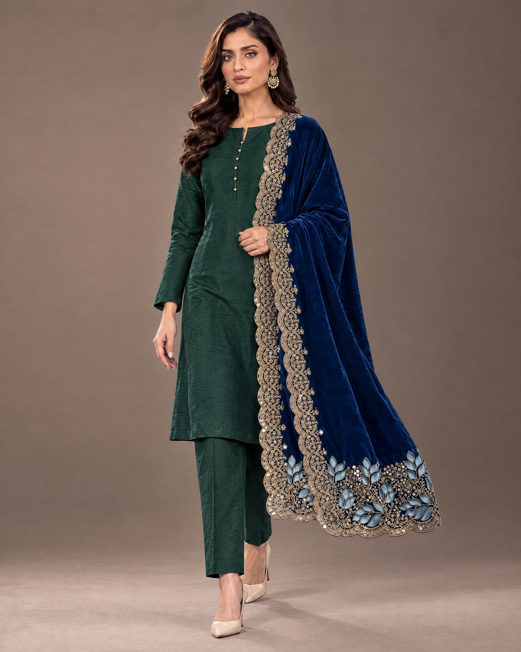 Deep Blue Floral Embroidered Velvet Shawl - view 3