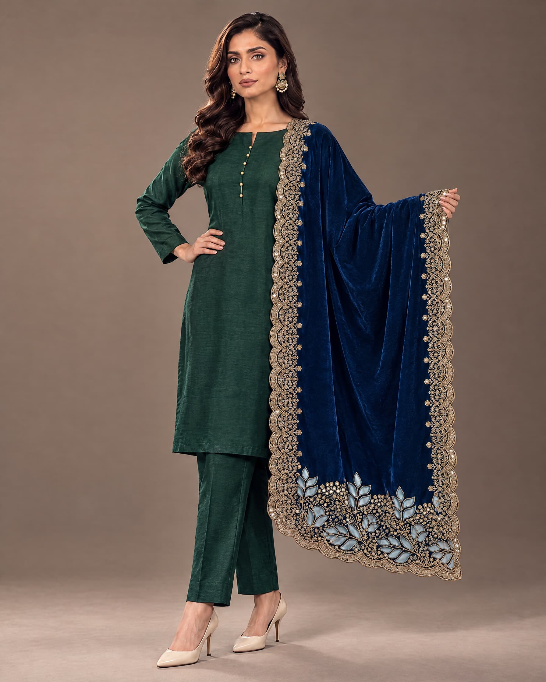 Deep Blue Floral Embroidered Velvet Shawl - view 4