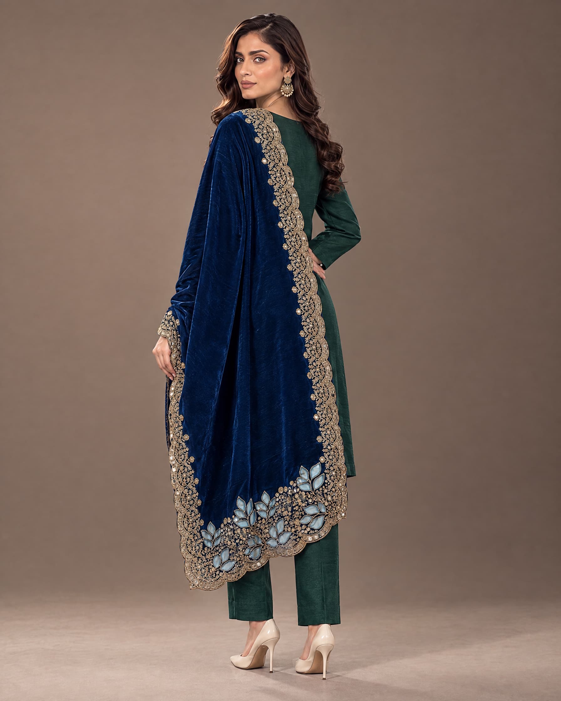 Deep Blue Floral Embroidered Velvet Shawl - view 5