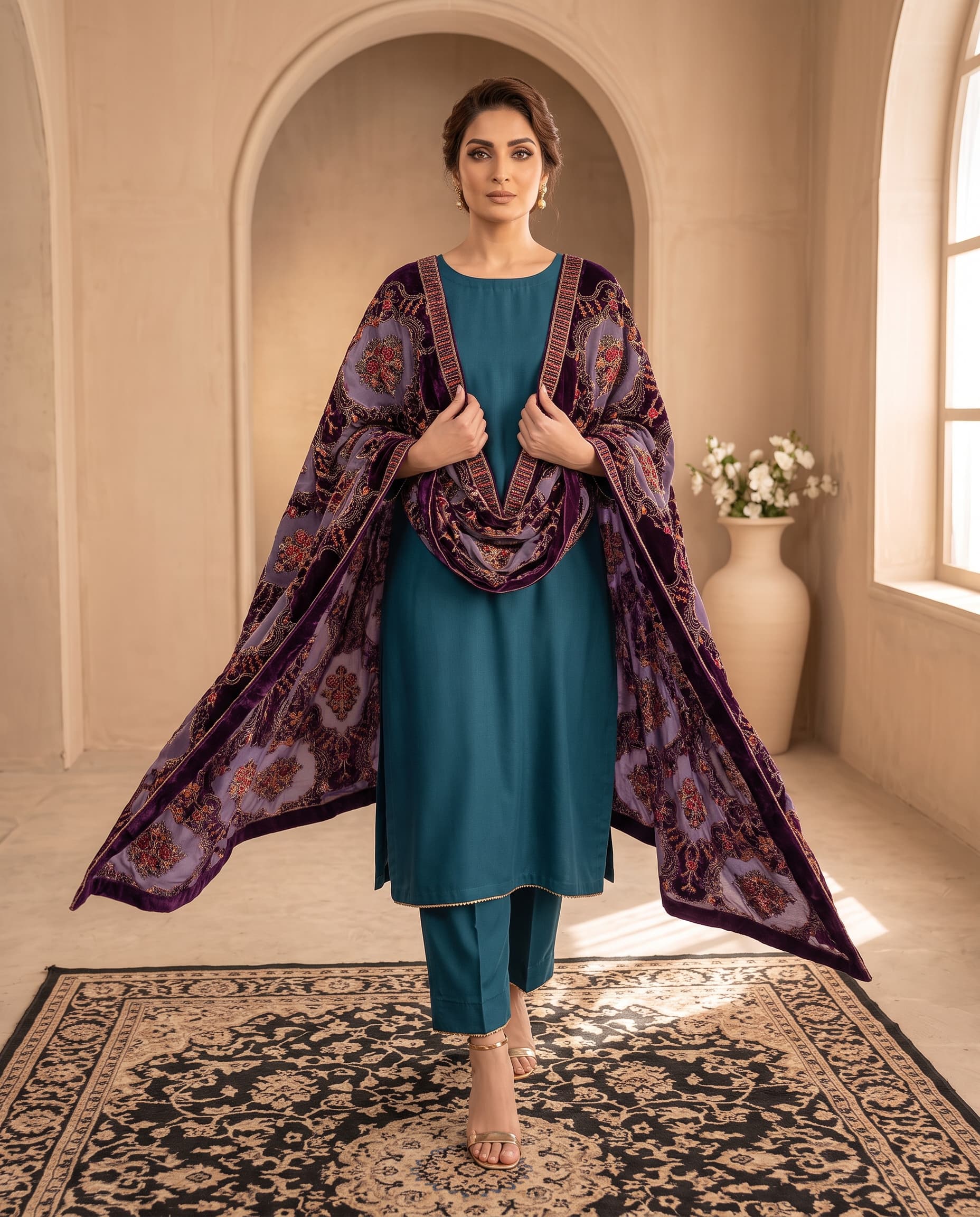 Plum Floral Medallion Phoenix Velvet Shawl - wrapped front view showing the plum edging